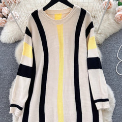 Striped Long Sleeve Loose Knitted Dress