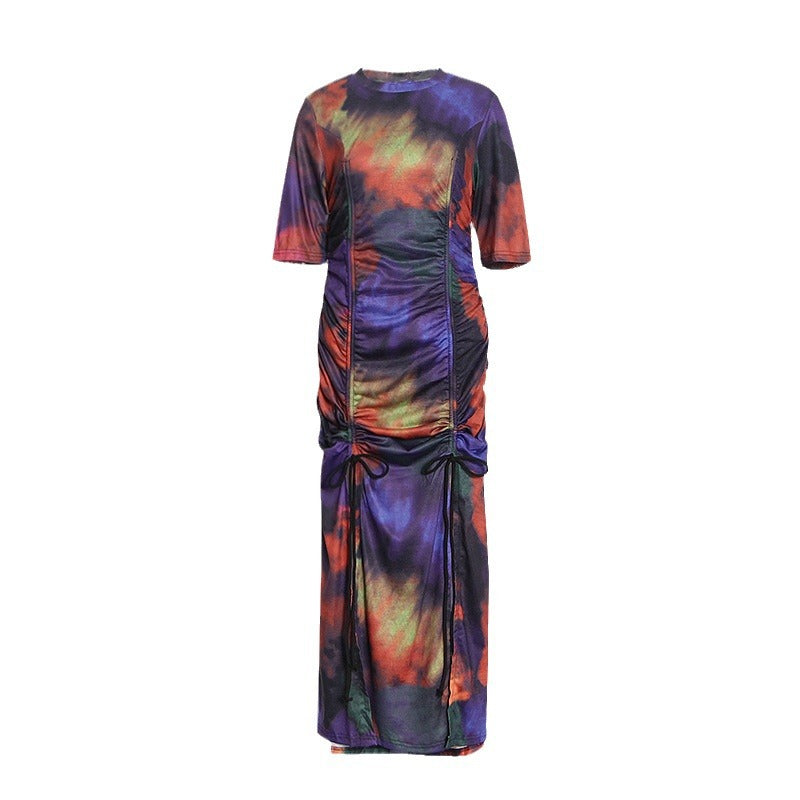 Tie Dye Round Neck Short Sleeved Hip Hugging Dress
