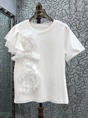 3D Flower Ruffled Edge Cotton T-shirt