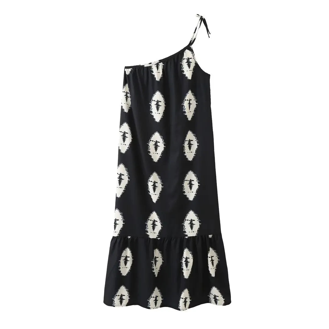 Asymmetric Neckline Printed Midi Dress