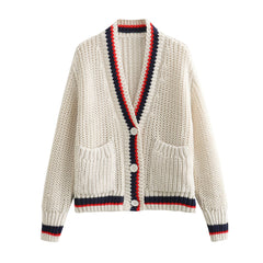 Knit V-Neck Pocket Color Block Cardigan