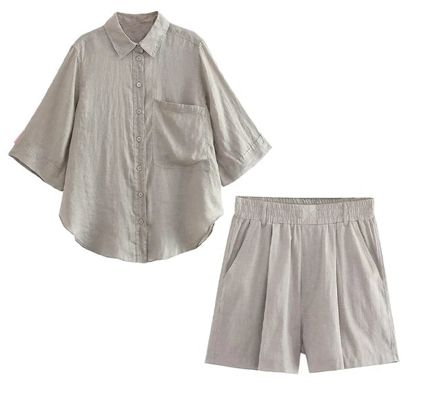 Cotton Linen Shirt+Shorts Set