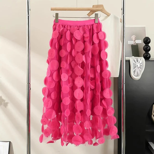 High-Waist Polka Dots A-Line Mesh Midi Skirt