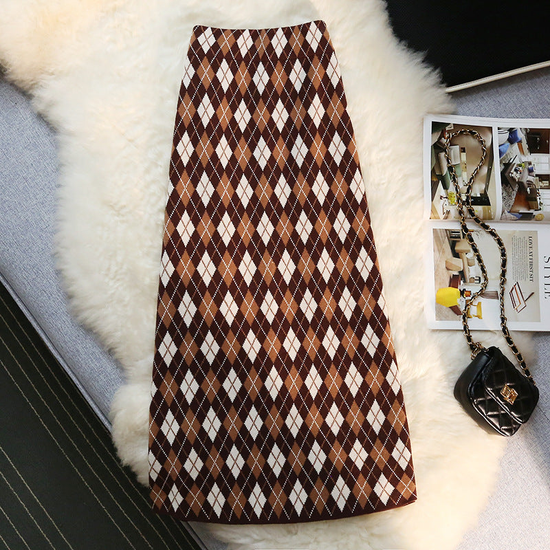 Vintage Rhombus Plaid Knitting Long Skirt