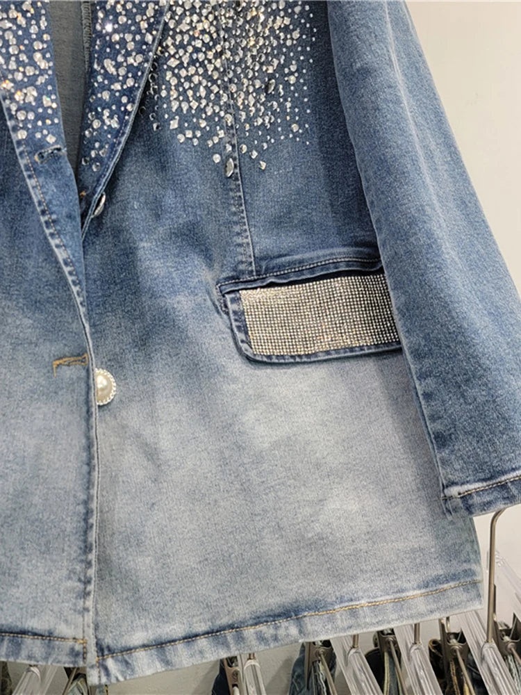 Gradient Blue Diamond Embellished Irregular Denim Blazer