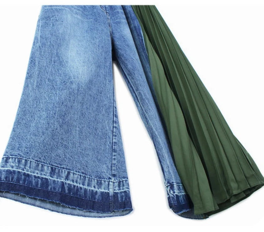 One-Sided Pleated Drape Denim Pants