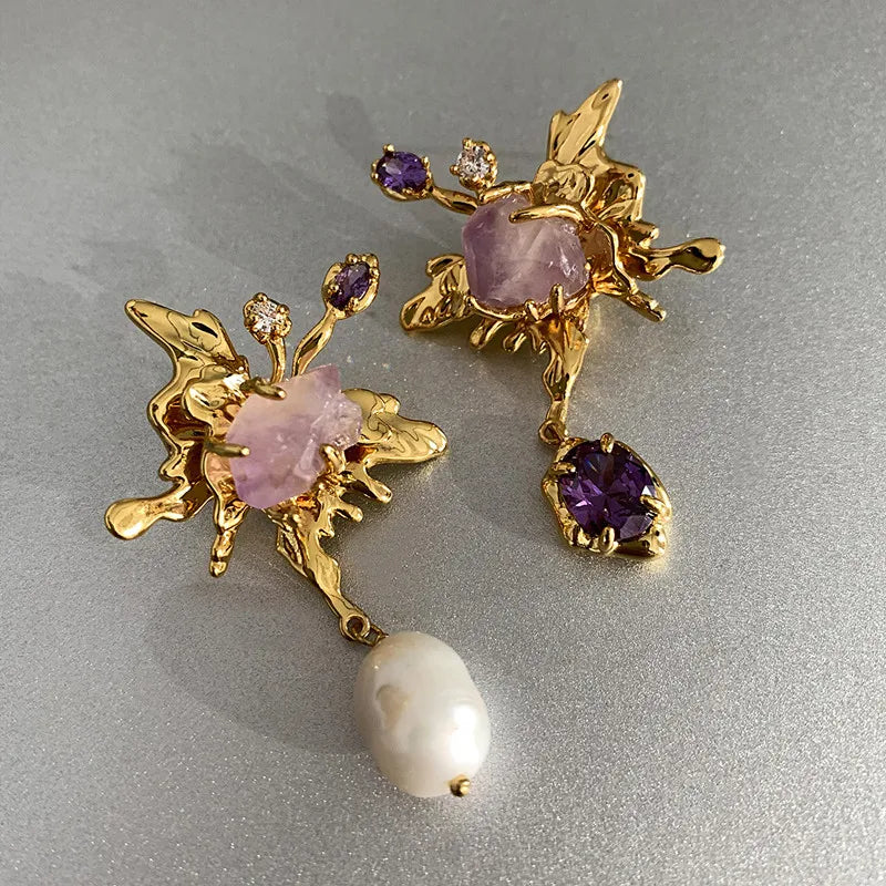 Pearl Crystal Pendant Asymmetrical Earrings