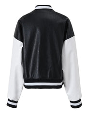 Casual Colorblock Vegan Leather Varsity Jacket