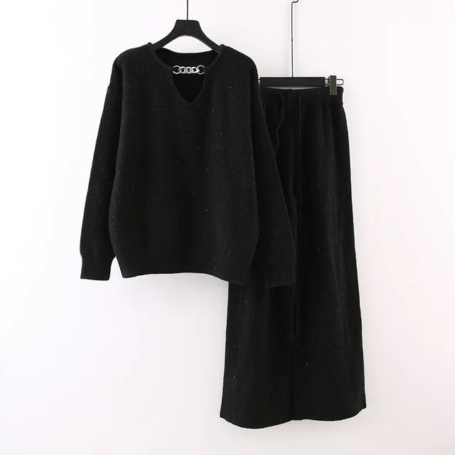 V-Neck Chain Loose Top + Drawstring Pants Set