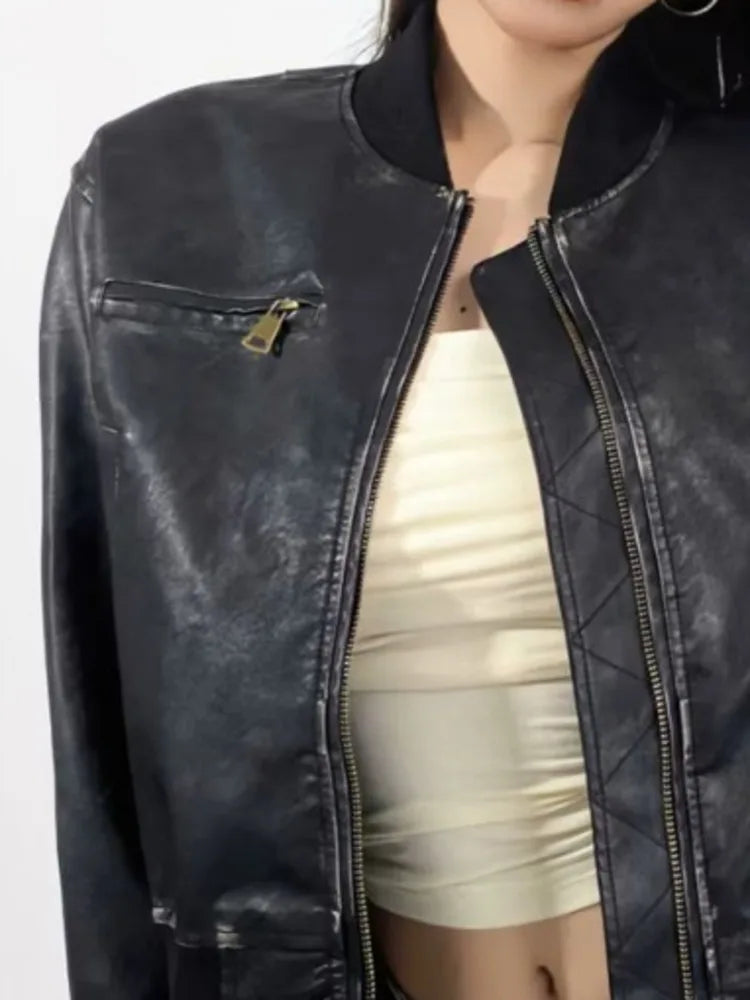 PU Leather Zip Up Bomber Jacket