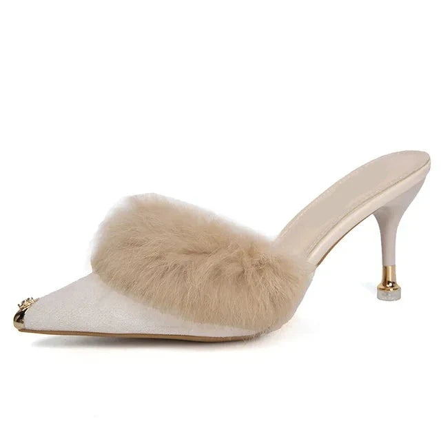 Metal Tip Faux Fur Mules