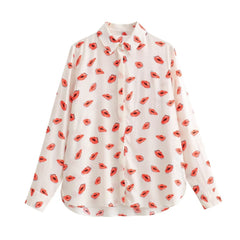 Casual Lips Print Long Sleeve Shirt + Mini Skirt