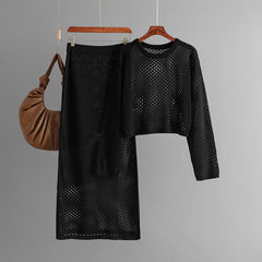 Hollow Knitted Sweater + Knitted Skirt Set