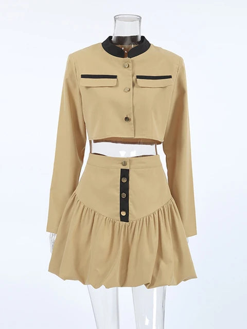 Khaki False Pockets Stand Collar Long Sleeve + Midi Skirt