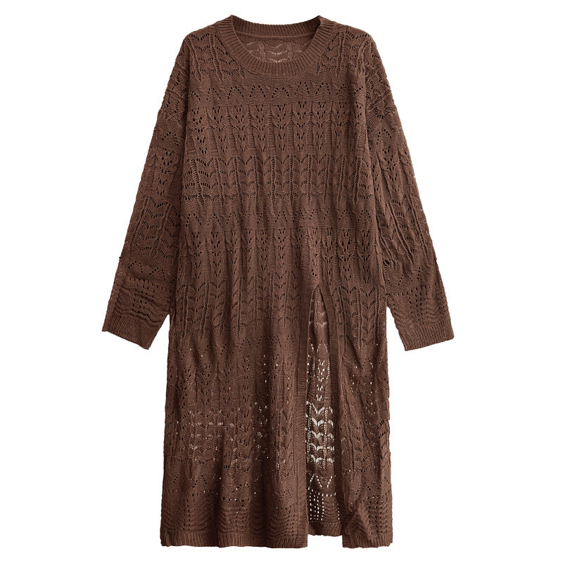 Solid V-Neck High Slit Hollow Knitted Sweater