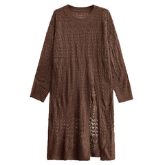 Solid V-Neck High Slit Hollow Knitted Sweater