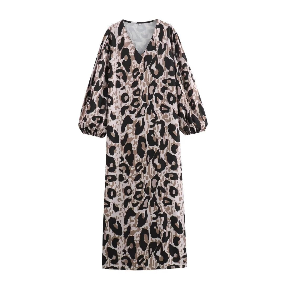 Animal Print Loose V-Neck Long Sleeved Dress