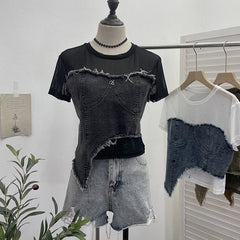 Denim Patchwork Mesh Short Sleeved Irregular T-Shirt