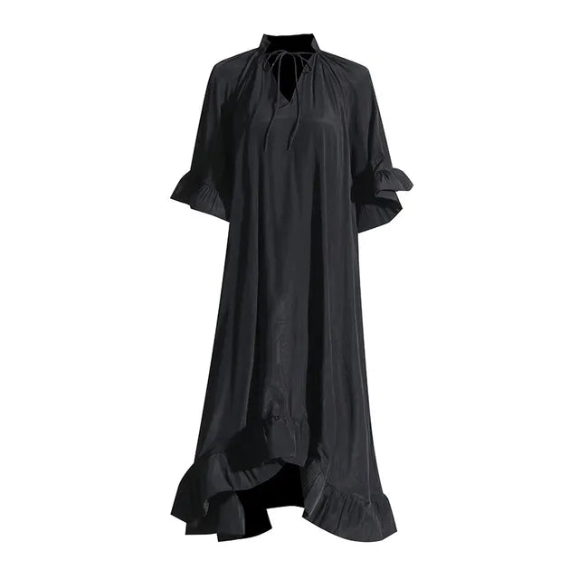 Deep V-Neck Patchwork Ruffles Spliced Lace Up Dress