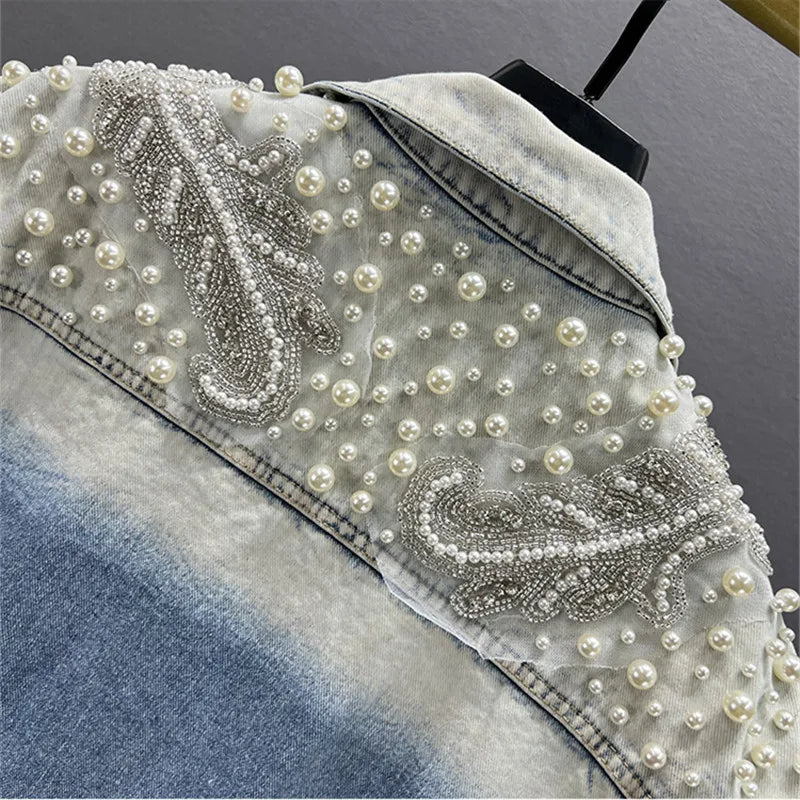 Pearl Beaded Diamond Blue Short Denim Vest