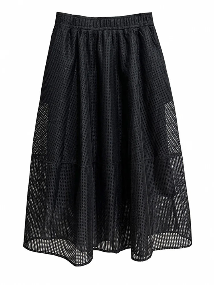 High Elastic Waist Mesh Spliced Midi A-line Skirt