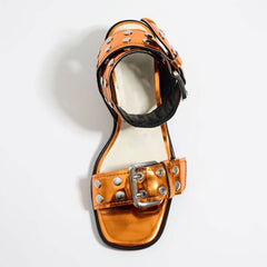 Wide Rivet Strap Mid-Heel Sandals