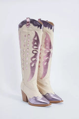 Chunky Heel Metallic Butterfly Knee High Cowboy Boots