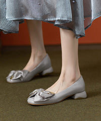 Classy Grey Chunky Flat Shoes Cowhide Leather Splicing Bow