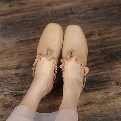 Women Vintage Leather Ruffle Trim Casual Slippers