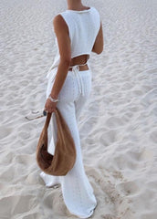 Women White Hollow Out Flatering Knit Vests And Straight Pants Two Piece Set Sleeveless