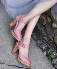 Comfy Splicing Chunky Heel Sandals Pink Cowhide Leather