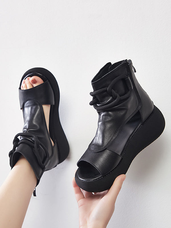 Casual Solid Color Hollow Out Fish Mouth Zip-up Platform Shoes