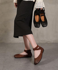 Chic Chocolate Buckle Strap Ballet Flats Shoes Cowhide Leather