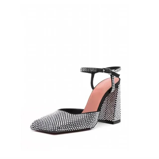 Rhinestone Chunky Heel Square Toe Sandals