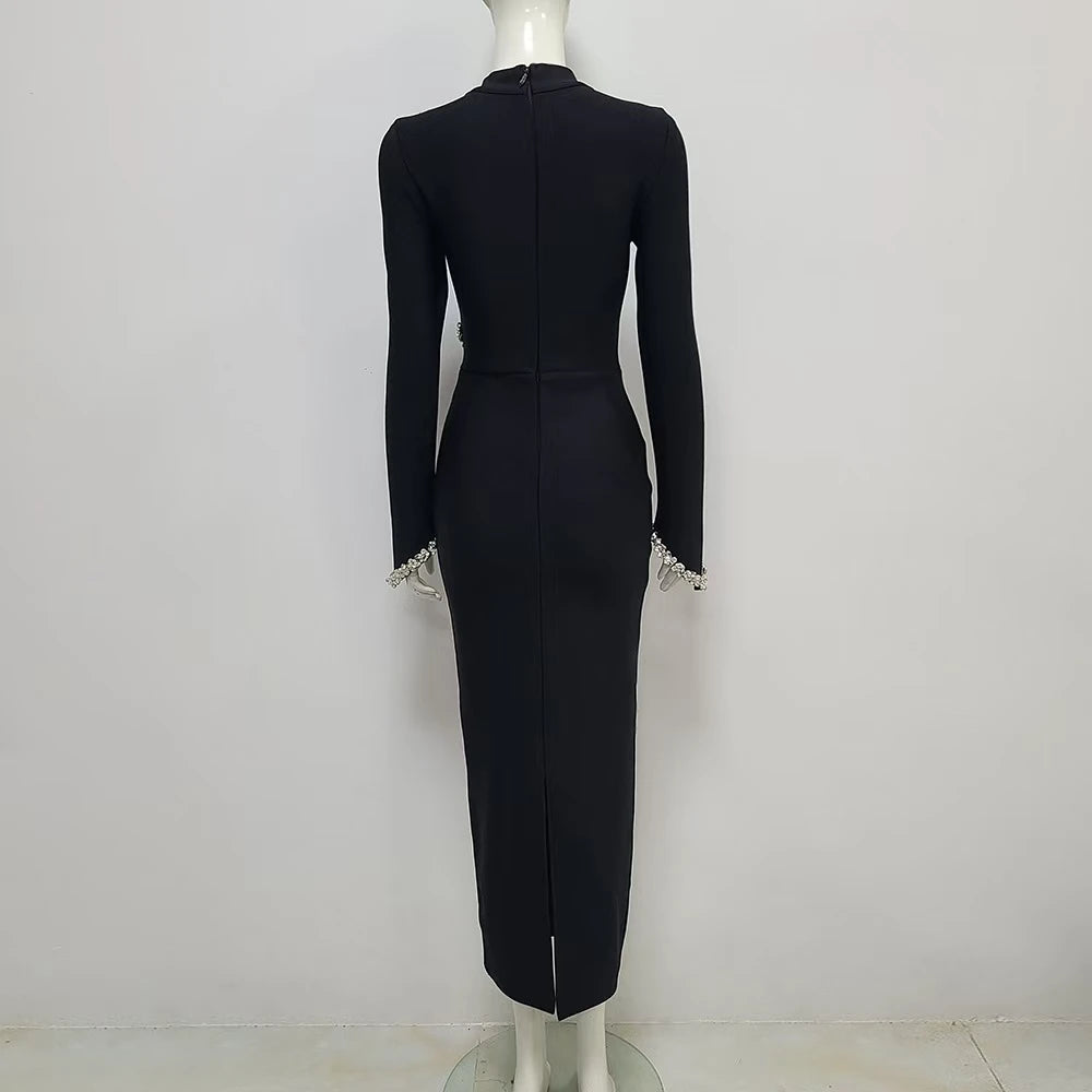 Black Long Sleeve Crystal Bandage Dress