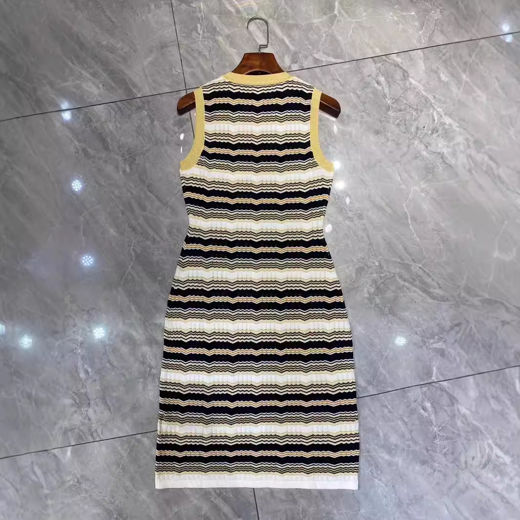 Sleeveless Striped Waist Cinching Jacquard Knitted Dress