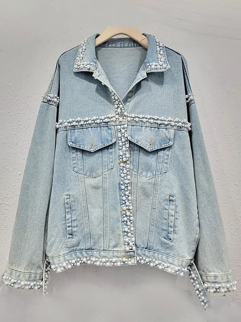 Pearl Studded Washed Denim Jacket