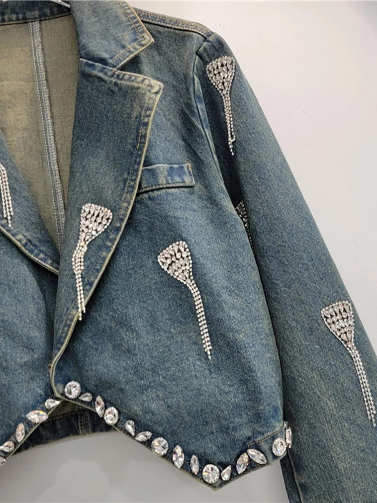 Embroidered Diamond Tassel Short Denim Jacket