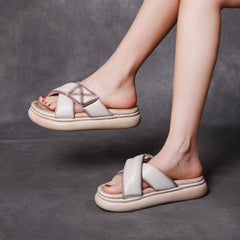 Sheepskin Leather Women Velcro Tape Flat Slippers
