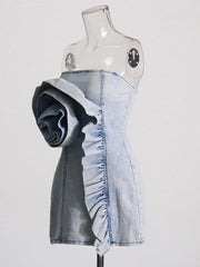 Ruffled Strapless Denim Mini Dress