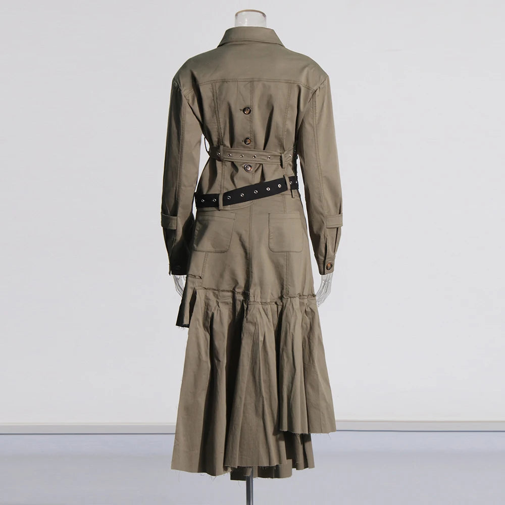 Asymmetrical Double Belt Trench Top + Pleated Skirt Set