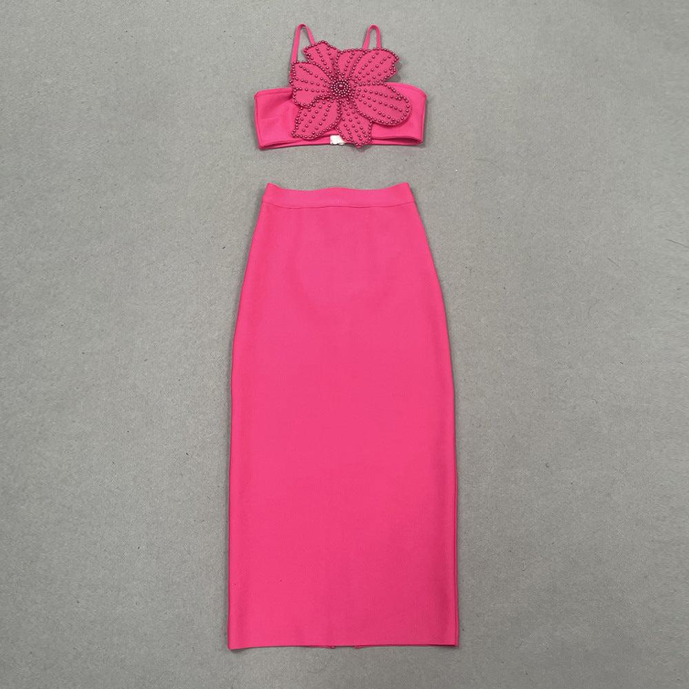 Solid Beaded Flower Hanging Neck Top + Skirt