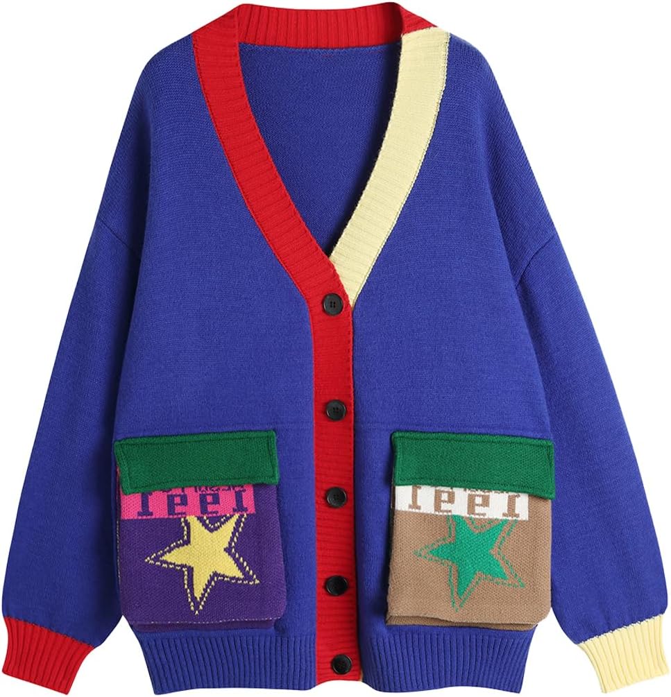 Colorful Patch Pockets Knitted Sweater