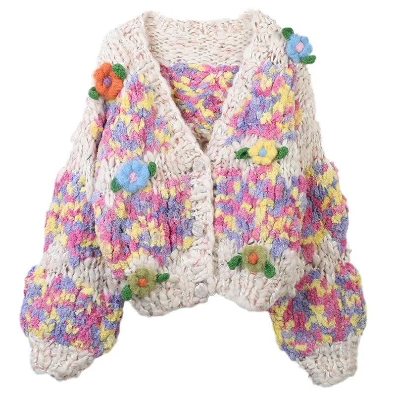 Colorful Handmade Flower Long Sleeved Loose Knitted Cardigan