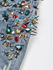 Rhinestones Embellished Distressed Denim Jacket