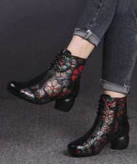 Black Boots Chunky Cowhide Leather Women Embossed Splicing