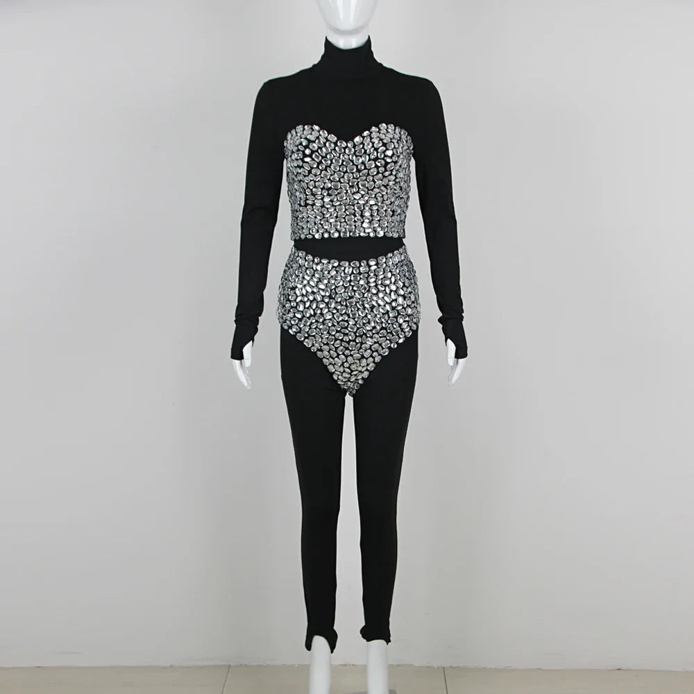 Three-Piece High Waist Diamond Studded Bandage Jumpsuit Set