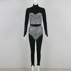 Three-Piece High Waist Diamond Studded Bandage Jumpsuit Set