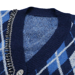 Rhombus Jacquard Diamond Stitching V-neck Knitted Cardigan