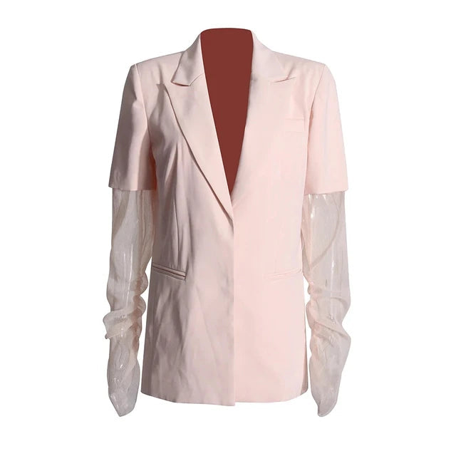 Solid Patchwork Mesh Long Sleeve Blazer